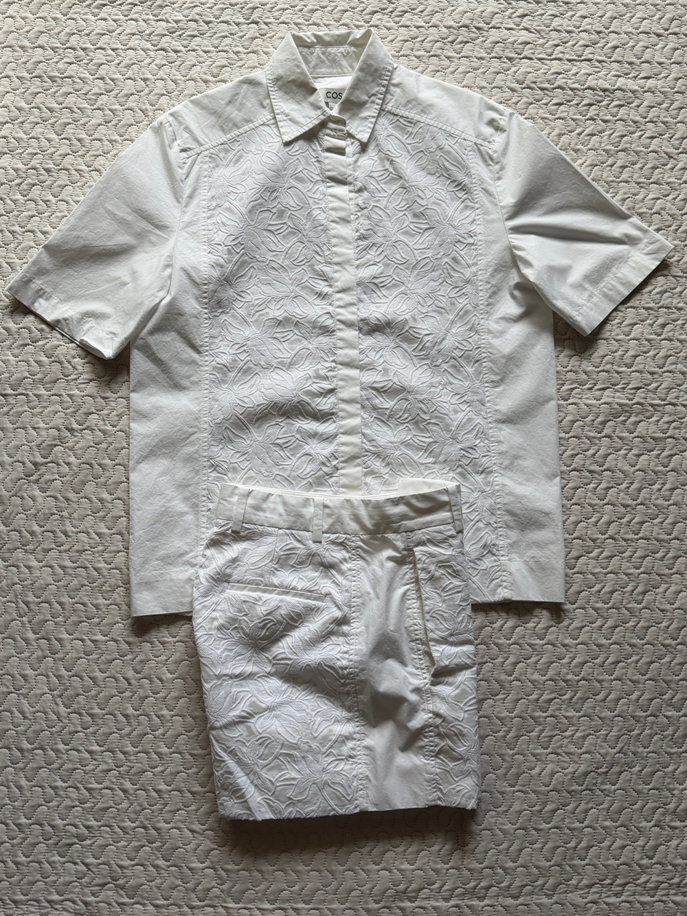 COS White Embroidered Short Sleeve Shirt and Short Set
